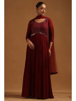 Soch - Womens Maroon Chinon Embellished Anarkali Kurta with Dupatta
