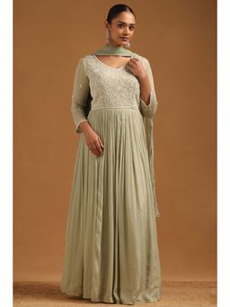 Soch - Womens Sap Green Chinon Floral Anarkali Kurta with Dupatta