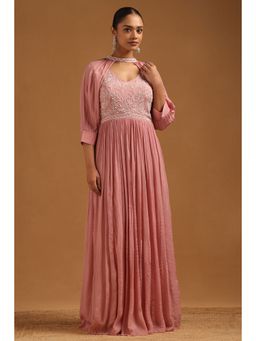 Soch - Womens Blush Pink Chinon Floral Anarkali Kurta with Choker Sleeves