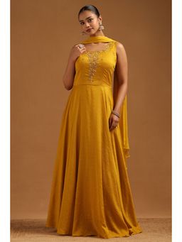 Soch - Womens Mustard Vichitra Floral Anarkali Kurta with Dupatta and Unstitched Sleeves