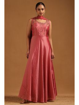 Soch - Womens Pink Vichitra Floral Anarkali Kurta with Dupatta and Unstitched Sleeves