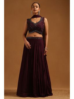 Soch - Wine Embellished Lehenga Choli with Dupatta and Unstitched Sleeves