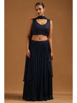 Soch - Navy Blue Chinon Embroidered Lehenga Choli with Dupatta and Unstitched Sleeves
