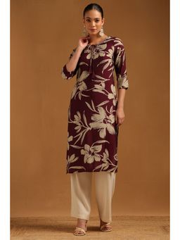 Soch - Womens Wine Chanderi Floral Kurta With Beads