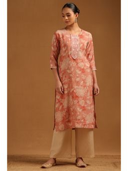 Soch - Womens Peach Chanderi Floral Embroidered Kurta