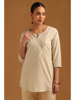 Soch - Womens Cream Cotton Dobby Paisley Embroidered Tunic