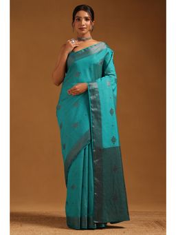 Soch - Womens Turquoise Blue Art Silk Woven Design Saree with Unstitched Blouse