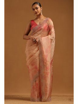 Soch - Womens Peach Fendy Organza Embellished Saree with Unstitched Blouse