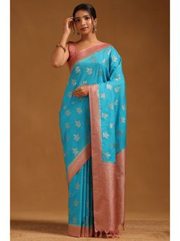 Soch - Womens Blue Viscose Silk Floral Zari Woven Saree with Unstitched Blouse