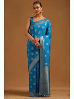 Soch - Womens Blue Viscose Silk Floral Zari Woven Saree with Unstitched Blouse