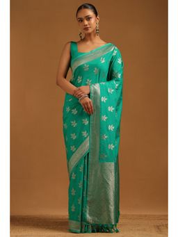 Soch - Womens Teal Viscose Silk Floral Zari Woven Saree with Unstitched Blouse