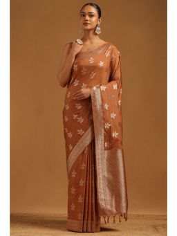 Soch - Womens Earth Viscose Silk Floral Zari Woven Saree with Unstitched Blouse