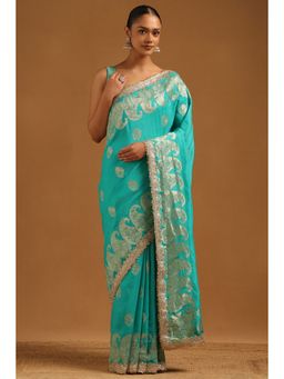 Soch - Womens Turquoise Blue Dola Silk Paisley Zari Woven Saree with Unstitched Blouse