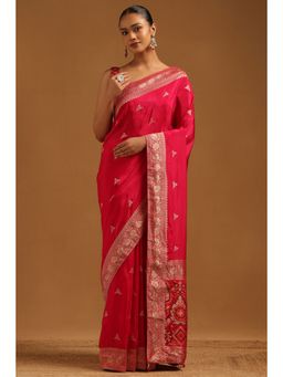 Soch - Womens Fuchsia Dola Silk Woven Design Saree with Unstitched Blouse