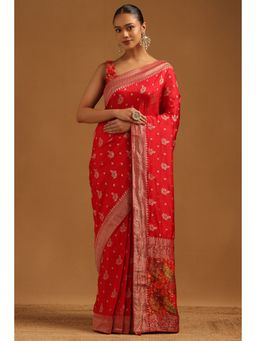 Soch - Womens Red Dola Silk Woven Design Saree with Unstitched Blouse
