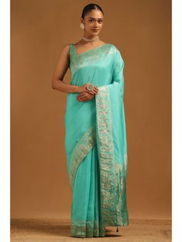Soch - Womens Turquoise Blue Dola Silk Solid Saree with Unstitched Blouse