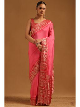 Soch - Womens Blush Pink Dola Silk Solid Saree with Unstitched Blouse