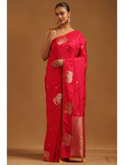 Soch - Womens Fuchsia Dola Silk Woven Design Saree with Unstitched Blouse