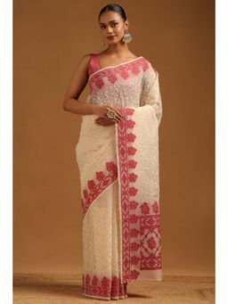 Soch - Womens Cream Kota Floral Embroidered Saree with Unstitched Blouse
