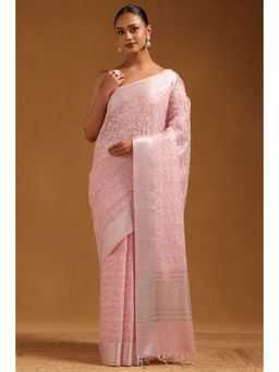 Soch - Womens Pink Kota Floral Embroidered Saree with Unstitched Blouse