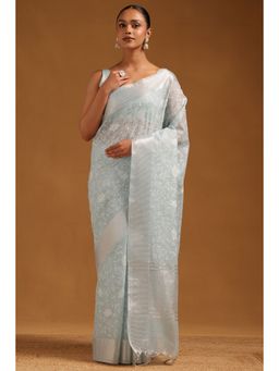 Soch - Womens Powder Blue Kota Floral Embroidered Saree with Unstitched Blouse