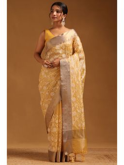 Soch - Womens Mustard Kota Floral Embroidered Saree with Unstitched Blouse