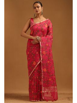 Soch - Womens Fuchsia Kota Floral Embroidered Saree with Unstitched Blouse