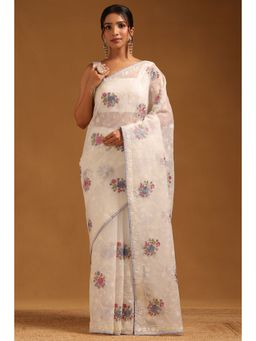 Soch - Womens Off White Kota Floral Embroidered Saree with Unstitched Blouse