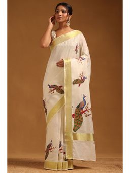 Soch - Womens Cream Cotton Bird Motifs Kasavu Saree with Unstitched Blouse