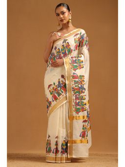 Soch - Womens Cream Cotton Madhubani Printed Kasavu Saree with Unstitched Blouse