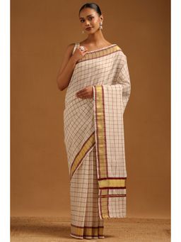 Soch - Womens Cream Cotton Checked Kasavu Saree with Unstitched Blouse