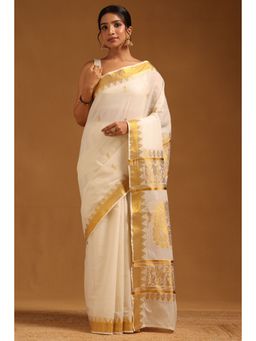 Soch - Womens Cream Cotton Zari Woven Kasavu Saree with Unstitched Blouse