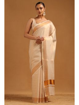 Soch - Womens Cream Tissue Striped Kasavu Saree with Unstitched Blouse