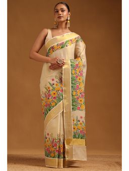 Soch - Womens Cream Tissue Floral Printed Kasavu Saree with Unstitched Blouse