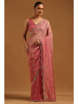 Soch - Womens Onion Pink Fendy Organza Embellished Saree with Unstitched Blouse