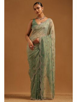 Soch - Womens Green Fendy Organza Embellished Saree with Unstitched Blouse