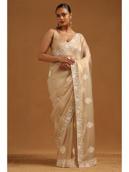Soch - Womens Beige Fendy Organza Embellished Saree with Unstitched Blouse