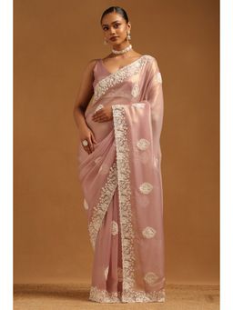Soch - Womens Grey Fendy Organza Ethnic Motifs Embroidered Saree with Unstitched Blouse