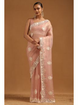 Soch - Womens Pink Fendy Organza Ethnic Motifs Embroidered Saree with Unstitched Blouse