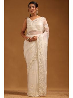Soch - Womens Off White Fendy Organza Paisley Embroidered Saree with Unstitched Blouse