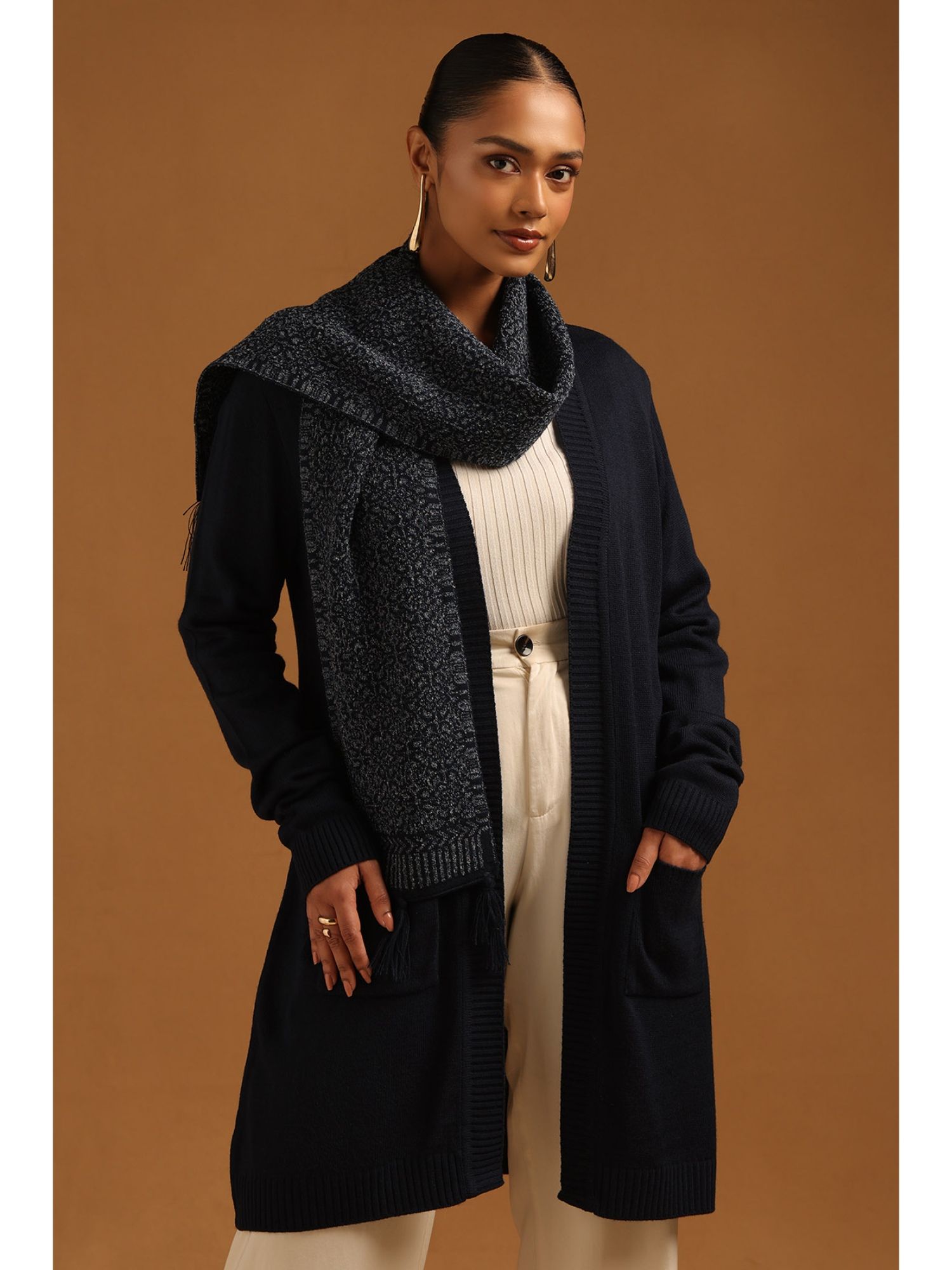 Womens Navy Blue Acrylic Crochet Winter Shrug with Shawl-image-19