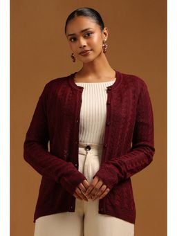 Soch - Womens Maroon Acrylic Knitted Cardigan