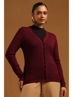 Soch - Womens Maroon Acrylic Crochet Cardigan