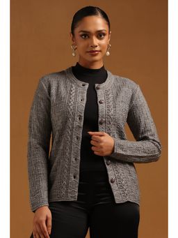 Soch - Womens Grey Acrylic Knitted Cardigan With Beads And Stones