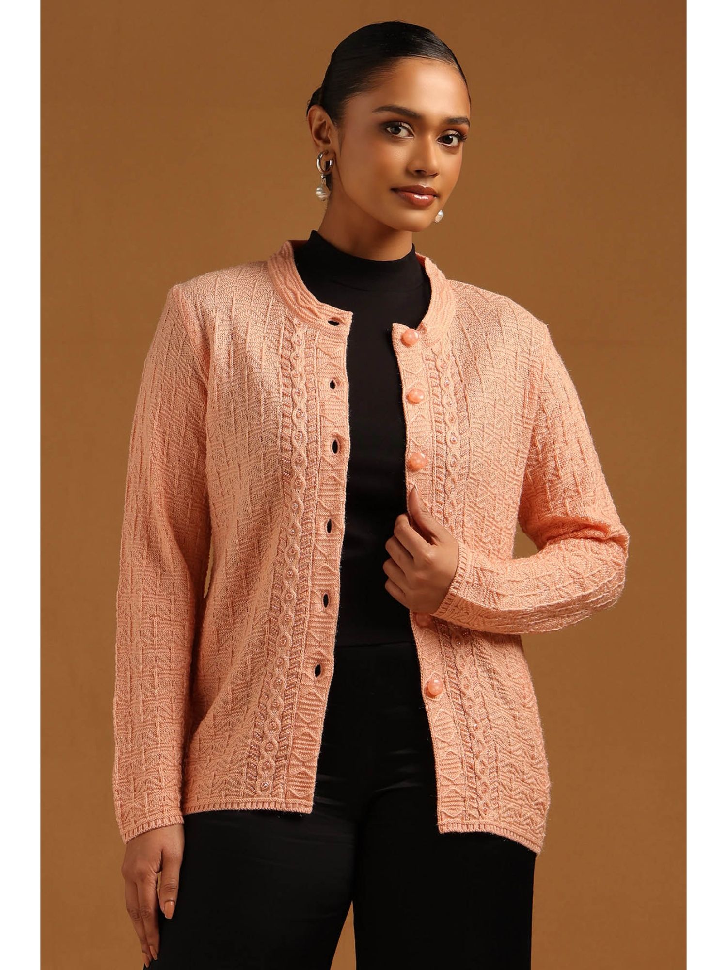 soch Womens Peach Acrylic Knitted Cardigan With Beads And Stones-picture-12