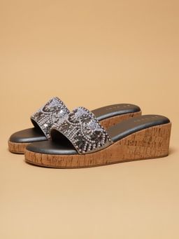 ERIDANI - Women Grey Sohvi Embroidered Slip-On Wedges Heels