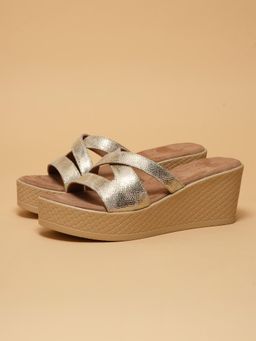 ERIDANI - Women Zoella Beige Shimmer Cross Strap Wedges Heels