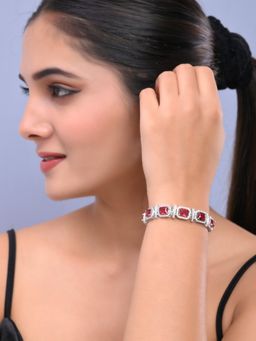 Silvermerc Designs - Women American Diamond Silver Plated Red Charm Bracelet
