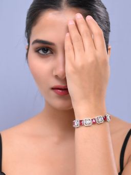 Silvermerc Designs - Women American Diamond Silver Plated Red Charm Bracelet