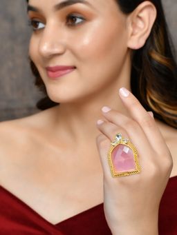 Silvermerc Designs - Women Pink Handcrafted Kundan Gold Plated Finger Ring